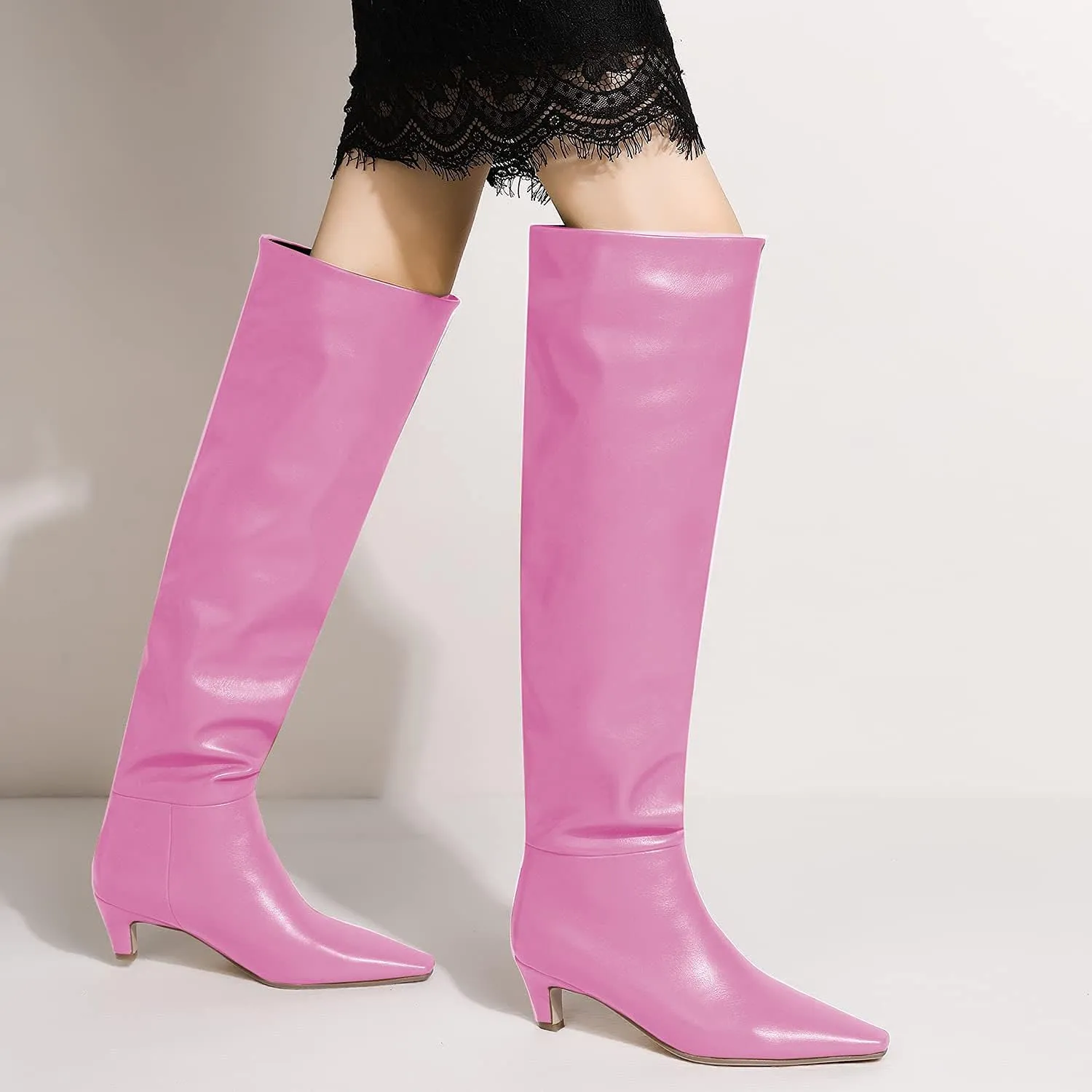 Lutalica W Women's Stylish Square Toe Slip On Autumn Winter Wide Calf Comfort Slouch Low Kitten Heel Dress Over The Knee High Boots