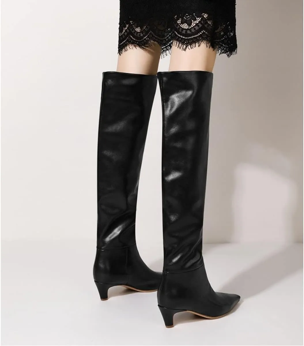Lutalica W Women's Stylish Square Toe Slip On Autumn Winter Wide Calf Comfort Slouch Low Kitten Heel Dress Over The Knee High Boots