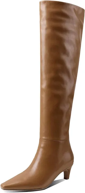 Lutalica W Women's Stylish Square Toe Slip On Autumn Winter Wide Calf Comfort Slouch Low Kitten Heel Dress Over The Knee High Boots
