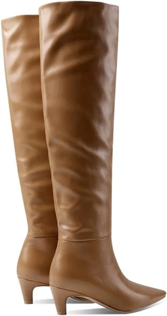 Lutalica W Women's Stylish Square Toe Slip On Autumn Winter Wide Calf Comfort Slouch Low Kitten Heel Dress Over The Knee High Boots