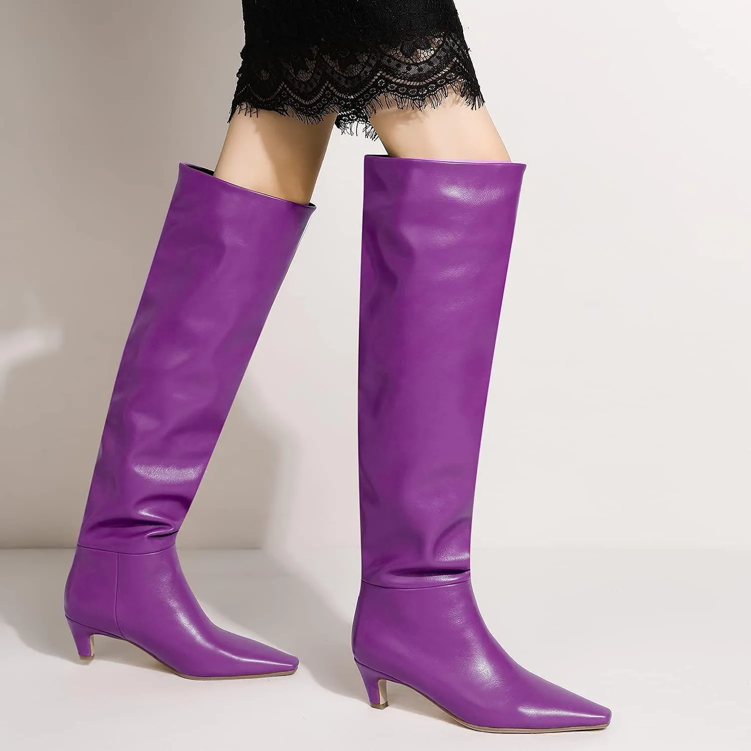 Lutalica W Women's Stylish Square Toe Slip On Autumn Winter Wide Calf Comfort Slouch Low Kitten Heel Dress Over The Knee High Boots