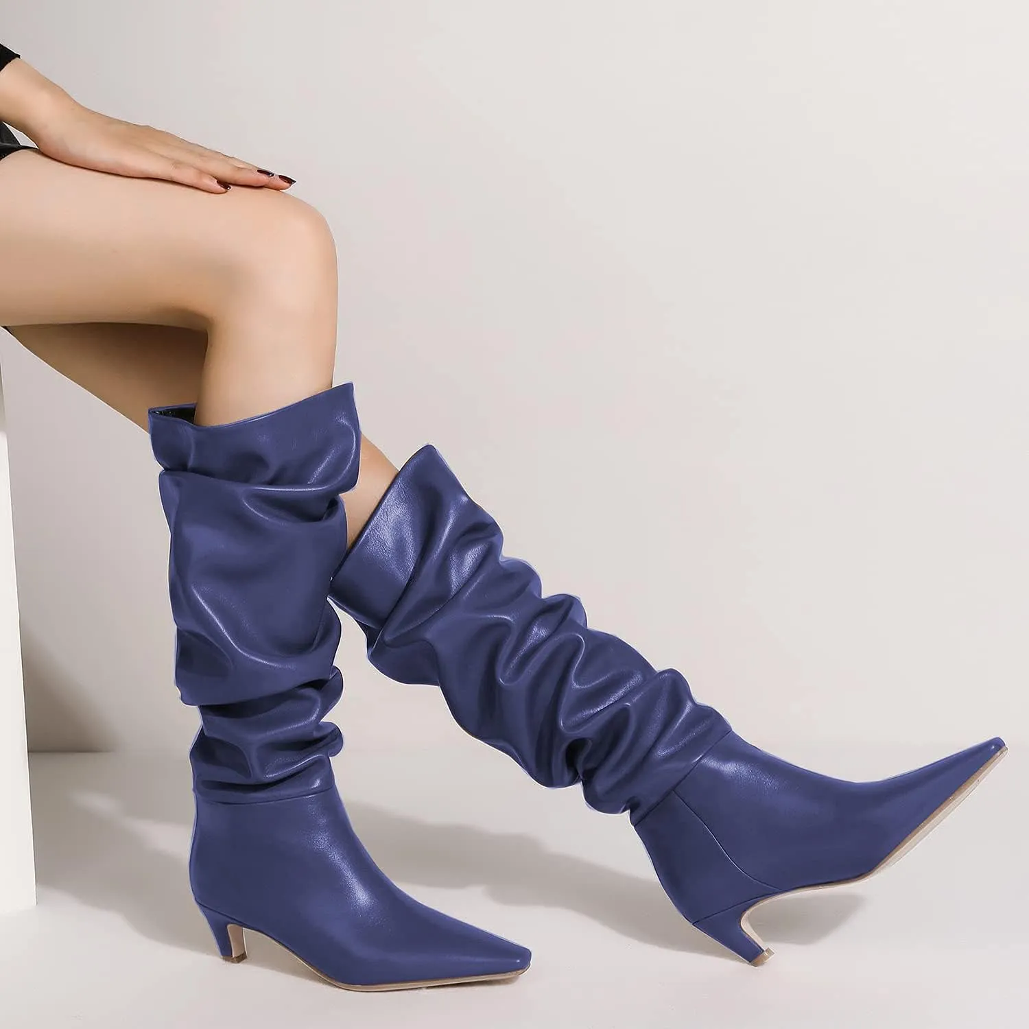 Lutalica W Women's Stylish Square Toe Slip On Autumn Winter Wide Calf Comfort Slouch Low Kitten Heel Dress Over The Knee High Boots