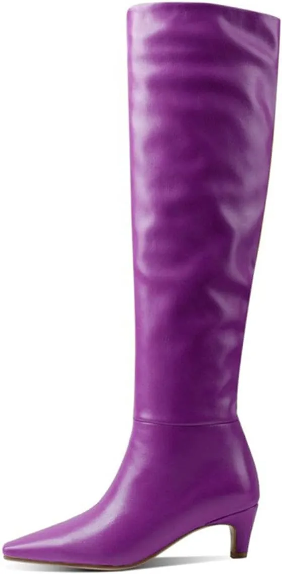 Lutalica W Women's Stylish Square Toe Slip On Autumn Winter Wide Calf Comfort Slouch Low Kitten Heel Dress Over The Knee High Boots