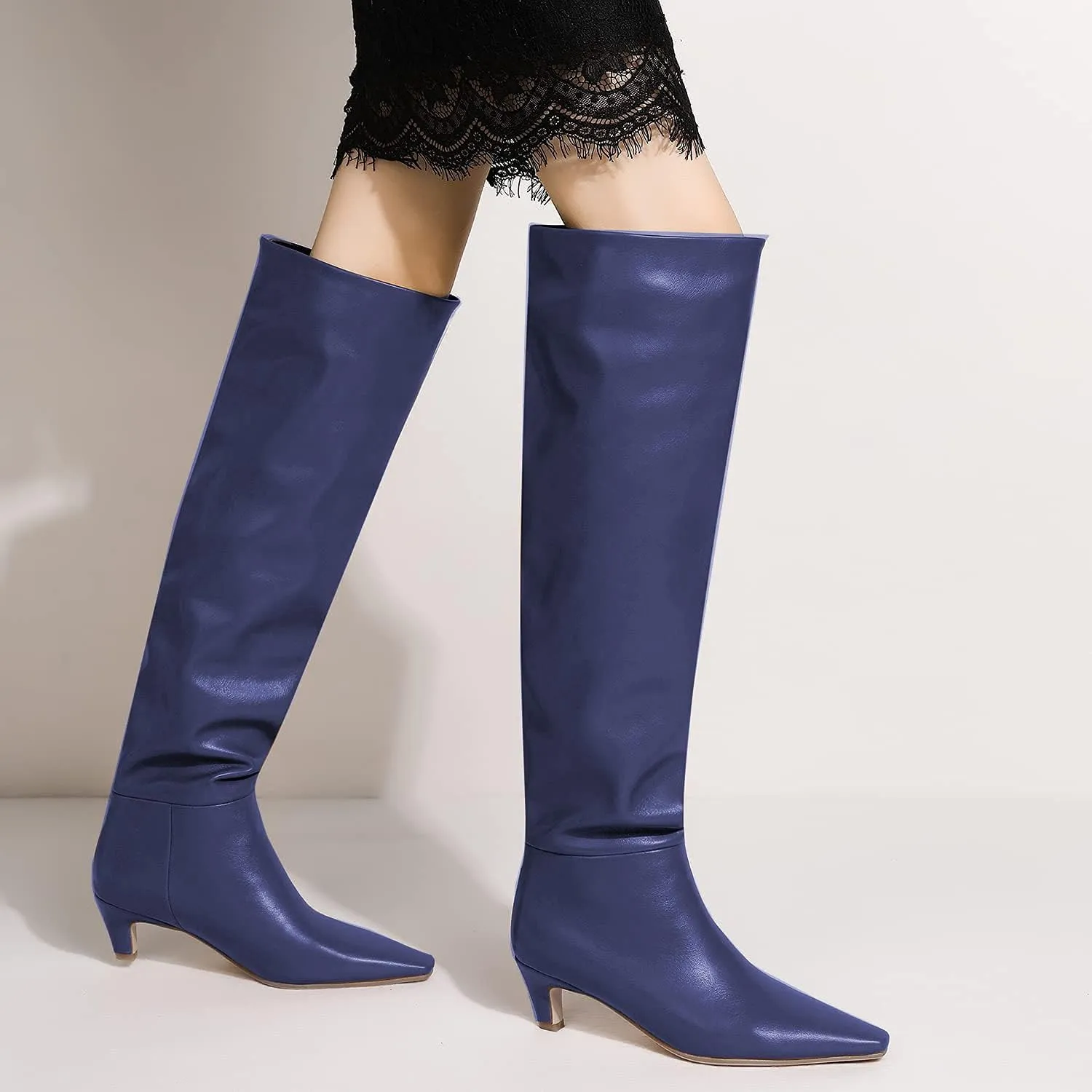 Lutalica W Women's Stylish Square Toe Slip On Autumn Winter Wide Calf Comfort Slouch Low Kitten Heel Dress Over The Knee High Boots