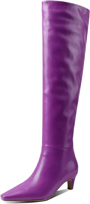 Lutalica W Women's Stylish Square Toe Slip On Autumn Winter Wide Calf Comfort Slouch Low Kitten Heel Dress Over The Knee High Boots