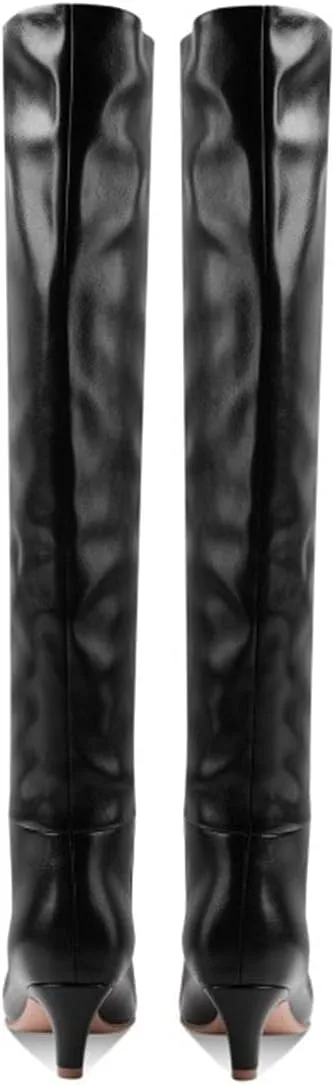 Lutalica W Women's Stylish Square Toe Slip On Autumn Winter Wide Calf Comfort Slouch Low Kitten Heel Dress Over The Knee High Boots