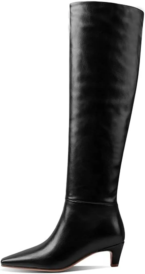 Lutalica W Women's Stylish Square Toe Slip On Autumn Winter Wide Calf Comfort Slouch Low Kitten Heel Dress Over The Knee High Boots