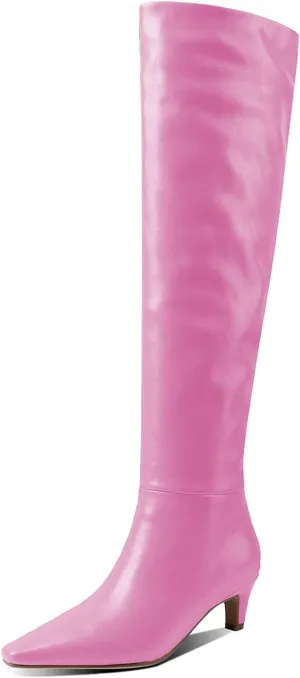 Lutalica W Women's Stylish Square Toe Slip On Autumn Winter Wide Calf Comfort Slouch Low Kitten Heel Dress Over The Knee High Boots