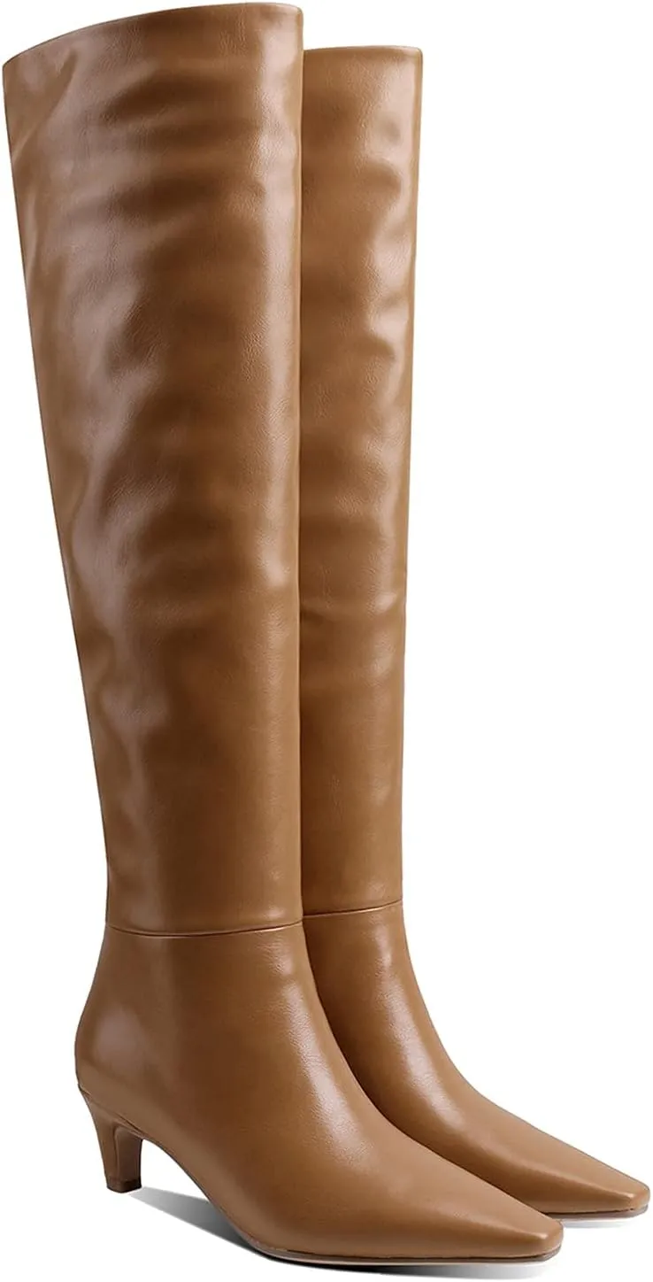 Lutalica W Women's Stylish Square Toe Slip On Autumn Winter Wide Calf Comfort Slouch Low Kitten Heel Dress Over The Knee High Boots