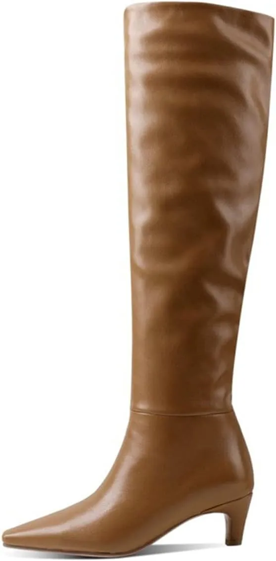 Lutalica W Women's Stylish Square Toe Slip On Autumn Winter Wide Calf Comfort Slouch Low Kitten Heel Dress Over The Knee High Boots
