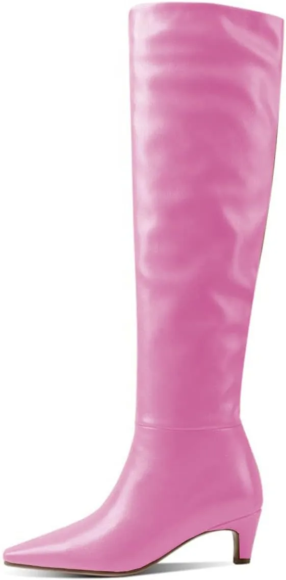 Lutalica W Women's Stylish Square Toe Slip On Autumn Winter Wide Calf Comfort Slouch Low Kitten Heel Dress Over The Knee High Boots