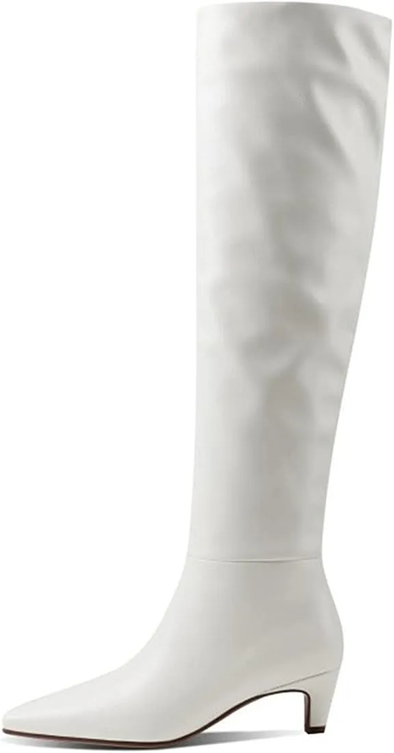 Lutalica W Women's Stylish Square Toe Slip On Autumn Winter Wide Calf Comfort Slouch Low Kitten Heel Dress Over The Knee High Boots