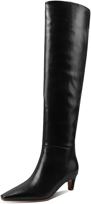 Lutalica W Women's Stylish Square Toe Slip On Autumn Winter Wide Calf Comfort Slouch Low Kitten Heel Dress Over The Knee High Boots