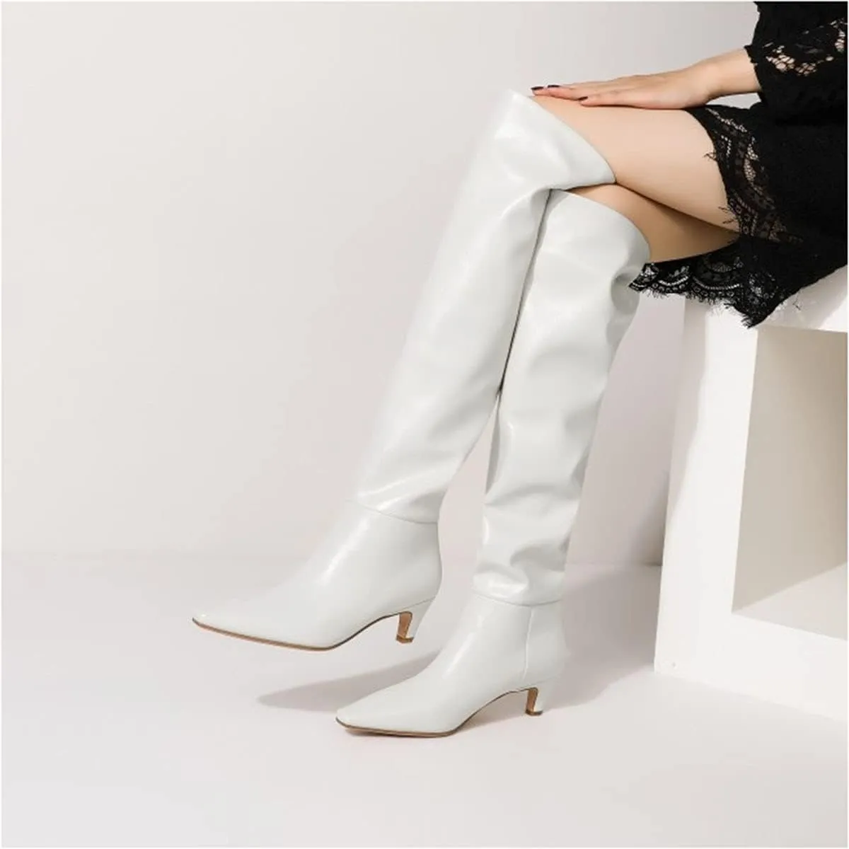 Lutalica W Women's Stylish Square Toe Slip On Autumn Winter Wide Calf Comfort Slouch Low Kitten Heel Dress Over The Knee High Boots