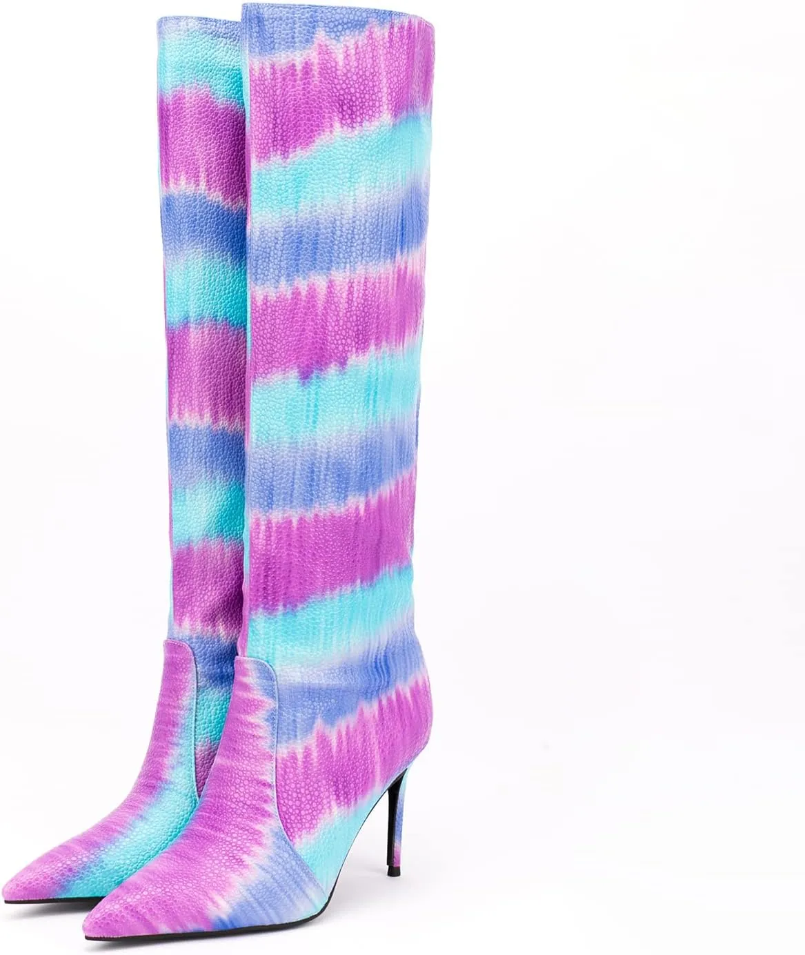 Lutalica W Women's Trendy Pointed Toe Faux Leather Special Printing Slip On Slouchy Elegant Stiletto High Heel Dress Knee High Boots