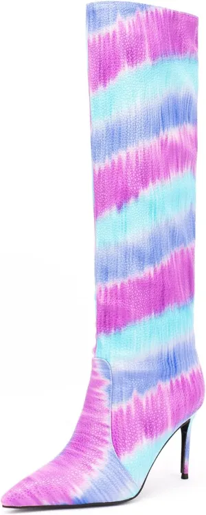 Lutalica W Women's Trendy Pointed Toe Faux Leather Special Printing Slip On Slouchy Elegant Stiletto High Heel Dress Knee High Boots