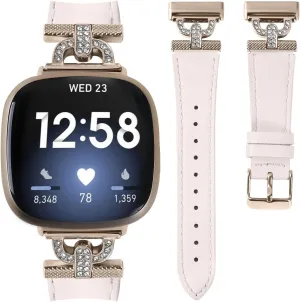 Luxe Leather Bands Compatible With Fitbit Versa 4/Versa 3/Sense 2/Sense Bands For Women D-shaped Bling Metal Buckle Replacement Straps.