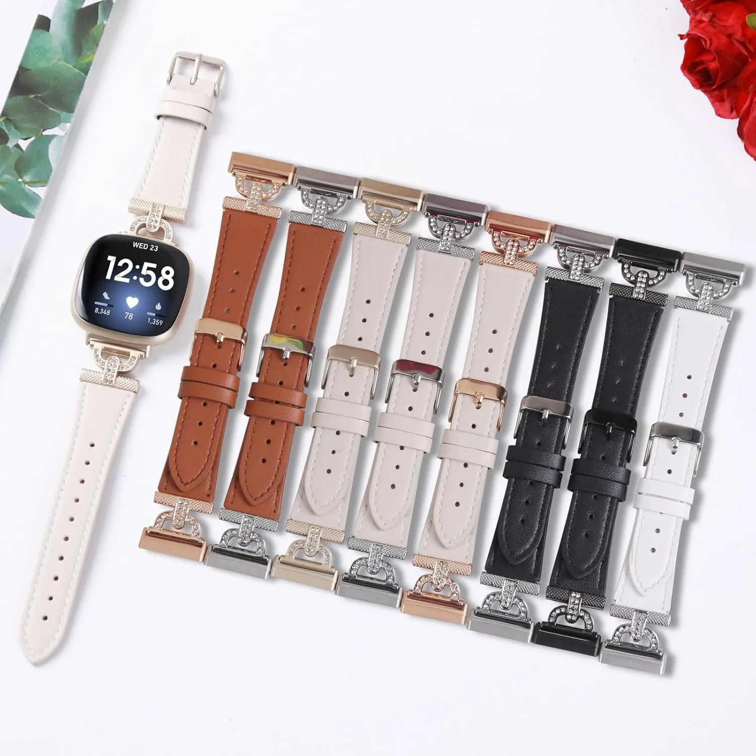 Luxe Leather Bands Compatible With Fitbit Versa 4/Versa 3/Sense 2/Sense Bands For Women D-shaped Bling Metal Buckle Replacement Straps.