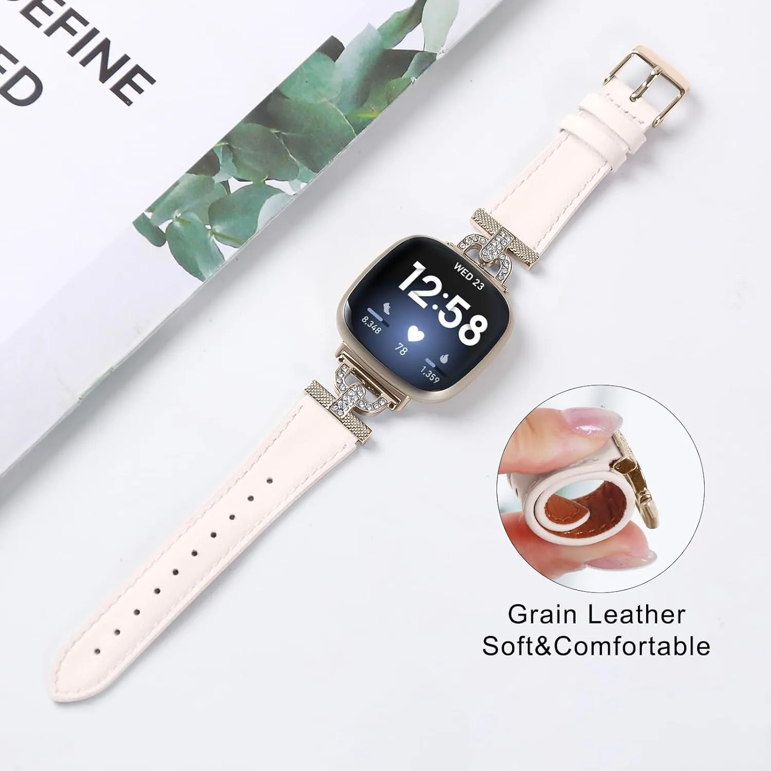 Luxe Leather Bands Compatible With Fitbit Versa 4/Versa 3/Sense 2/Sense Bands For Women D-shaped Bling Metal Buckle Replacement Straps.