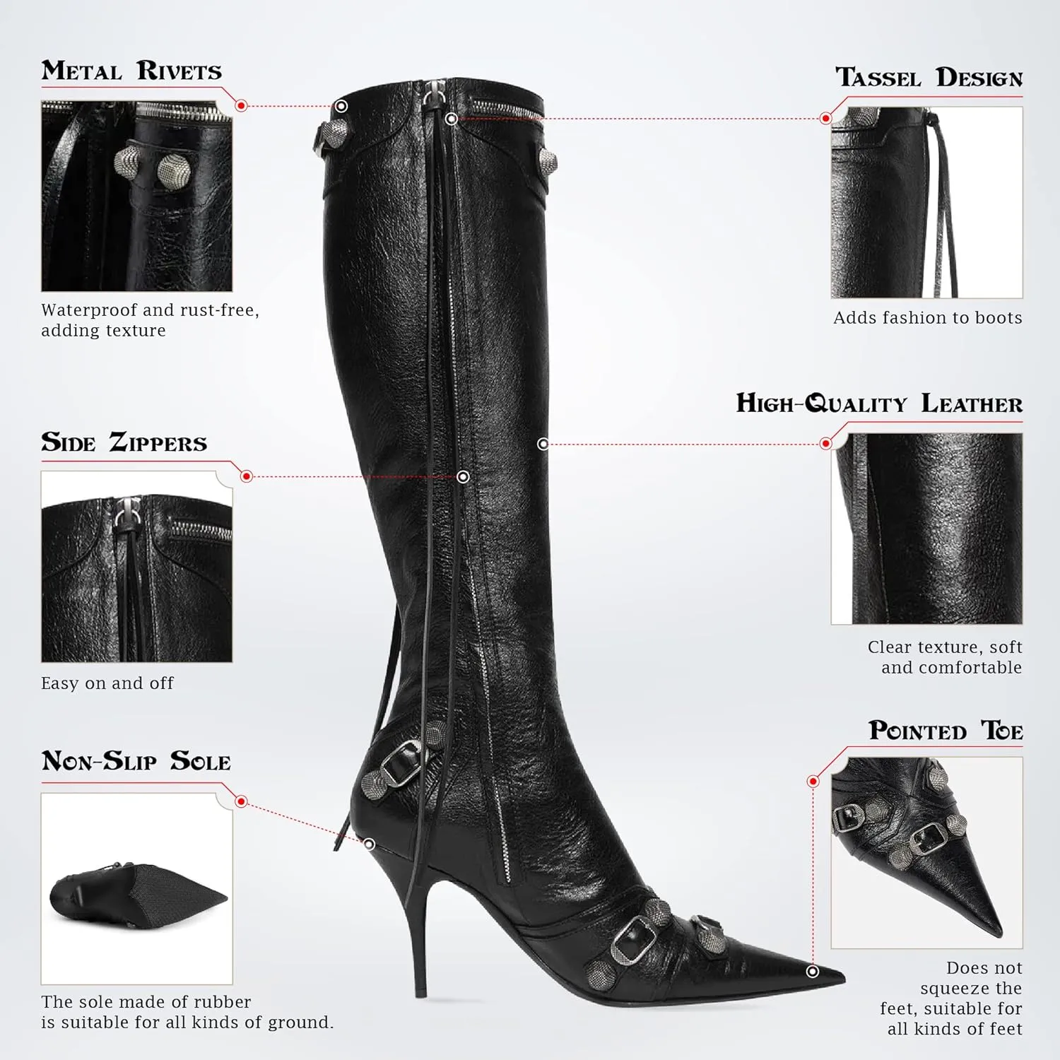 Lyrisiphy Knee High Boots for Women Pointed Toe Stiletto Heels Side Zipper Rivets Tassels Boots Fashion Dress Party Boots Mid Calf Boots