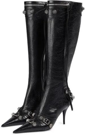 Lyrisiphy Knee High Boots for Women Pointed Toe Stiletto Heels Side Zipper Rivets Tassels Boots Fashion Dress Party Boots Mid Calf Boots