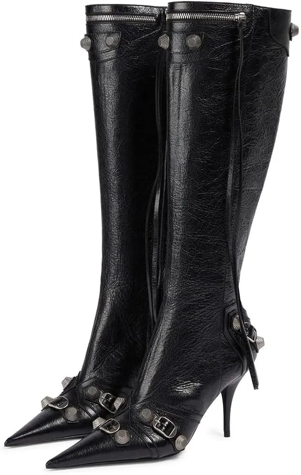 Lyrisiphy Knee High Boots for Women Pointed Toe Stiletto Heels Side Zipper Rivets Tassels Boots Fashion Dress Party Boots Mid Calf Boots