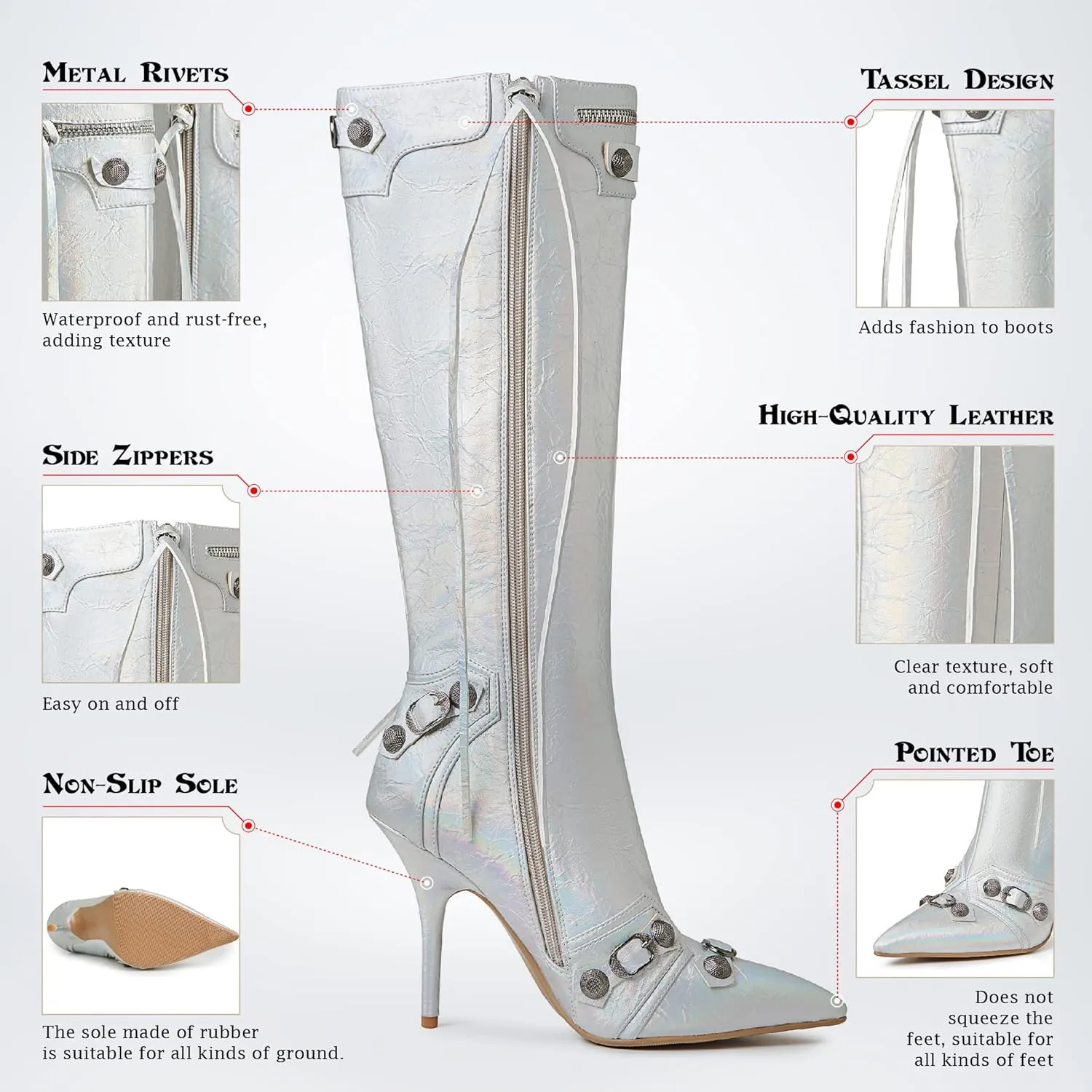 Lyrisiphy Knee High Boots for Women Pointed Toe Stiletto Heels Side Zipper Rivets Tassels Boots Fashion Dress Party Boots Mid Calf Boots