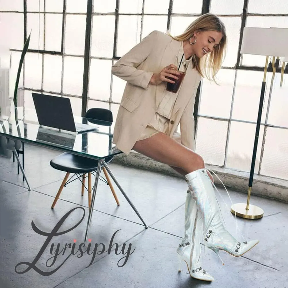 Lyrisiphy Knee High Boots for Women Pointed Toe Stiletto Heels Side Zipper Rivets Tassels Boots Fashion Dress Party Boots Mid Calf Boots