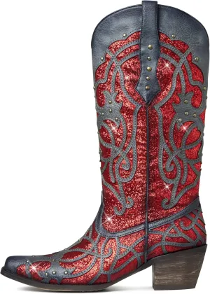 Lyrisiphy Sparkly Cowgirl Boots for Women Pointed Toe Pull-on Glitter Cowboy Boots Wedding Bridal Western Boots Knee High Boots