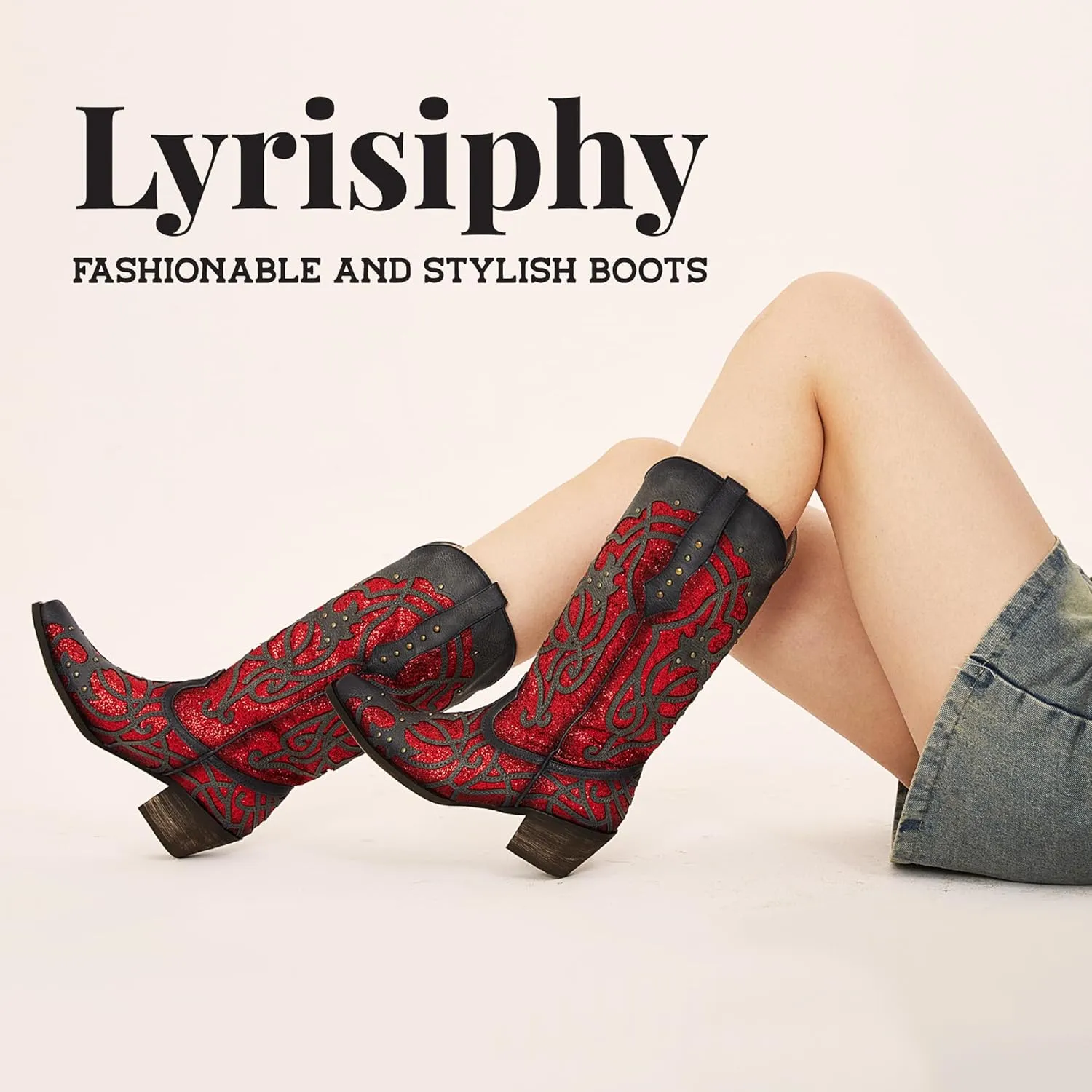 Lyrisiphy Sparkly Cowgirl Boots for Women Pointed Toe Pull-on Glitter Cowboy Boots Wedding Bridal Western Boots Knee High Boots