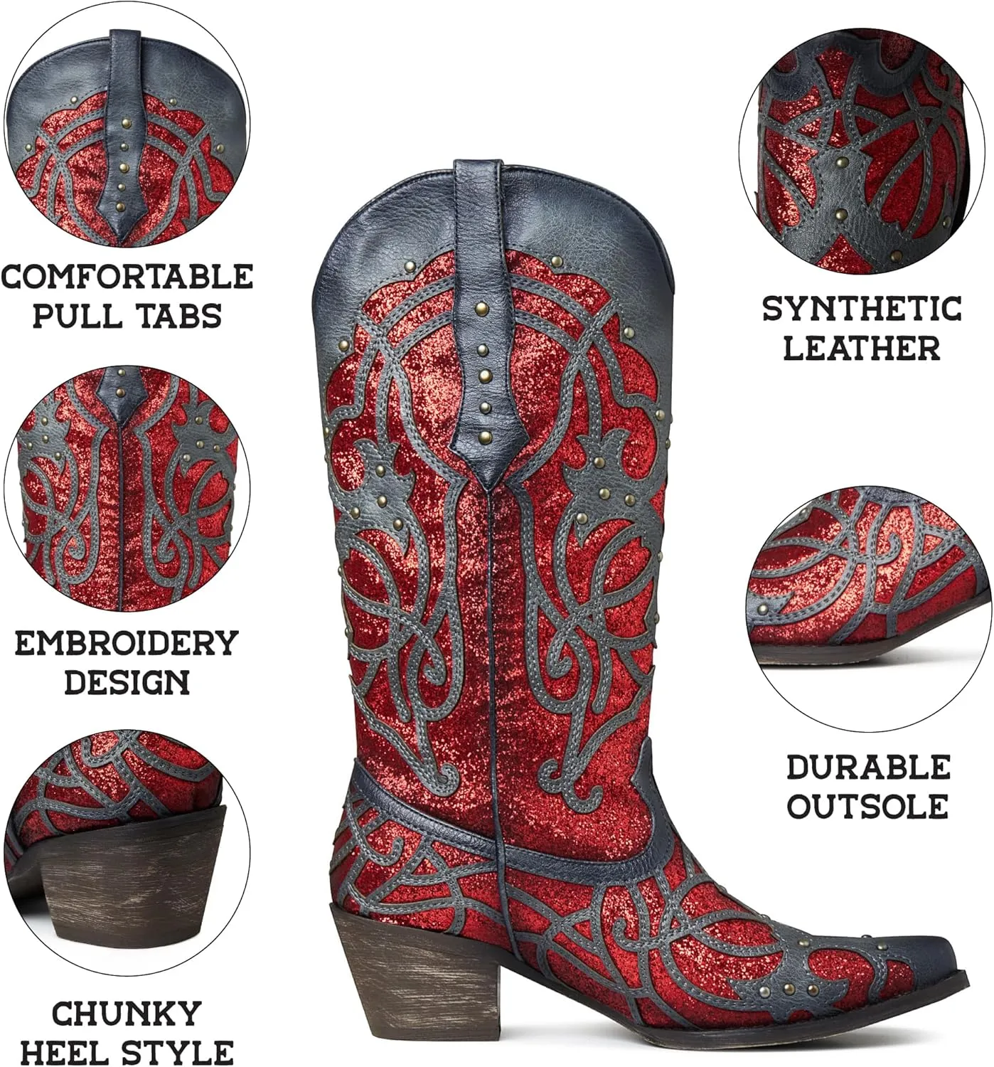 Lyrisiphy Sparkly Cowgirl Boots for Women Pointed Toe Pull-on Glitter Cowboy Boots Wedding Bridal Western Boots Knee High Boots