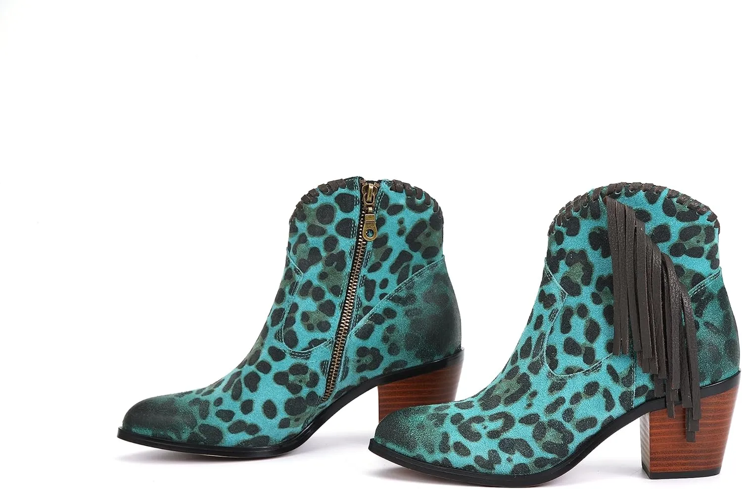 M CNBOME Women's Tassels Cattle Leather Leopard Prints Western Cowgirl Short Boot