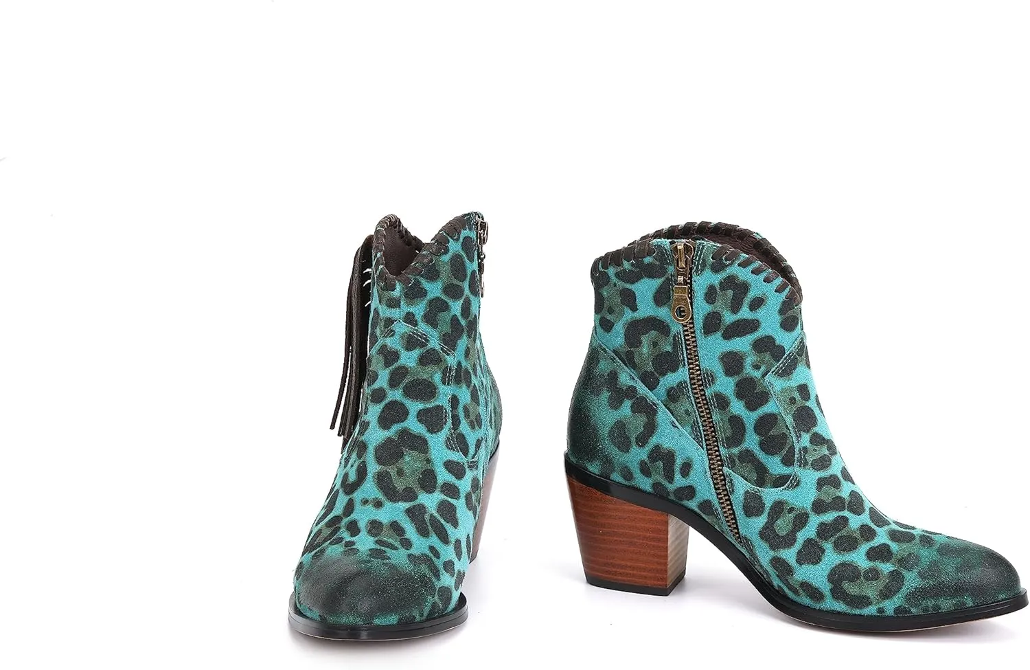 M CNBOME Women's Tassels Cattle Leather Leopard Prints Western Cowgirl Short Boot