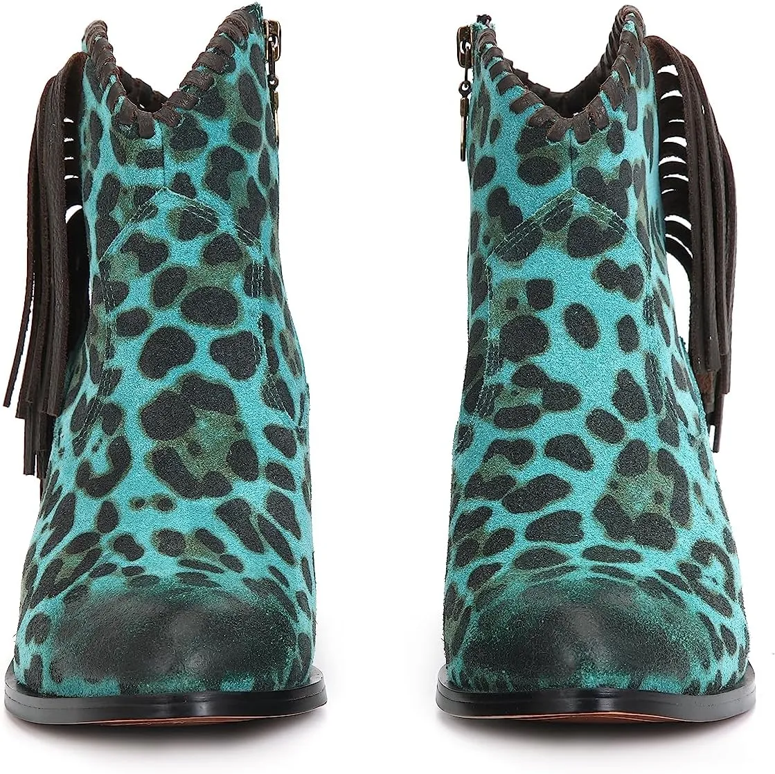 M CNBOME Women's Tassels Cattle Leather Leopard Prints Western Cowgirl Short Boot