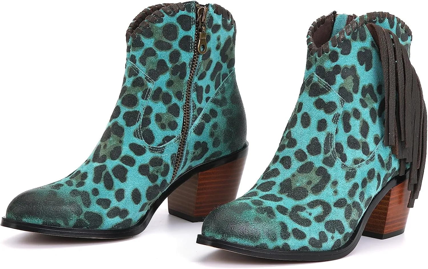 M CNBOME Women's Tassels Cattle Leather Leopard Prints Western Cowgirl Short Boot