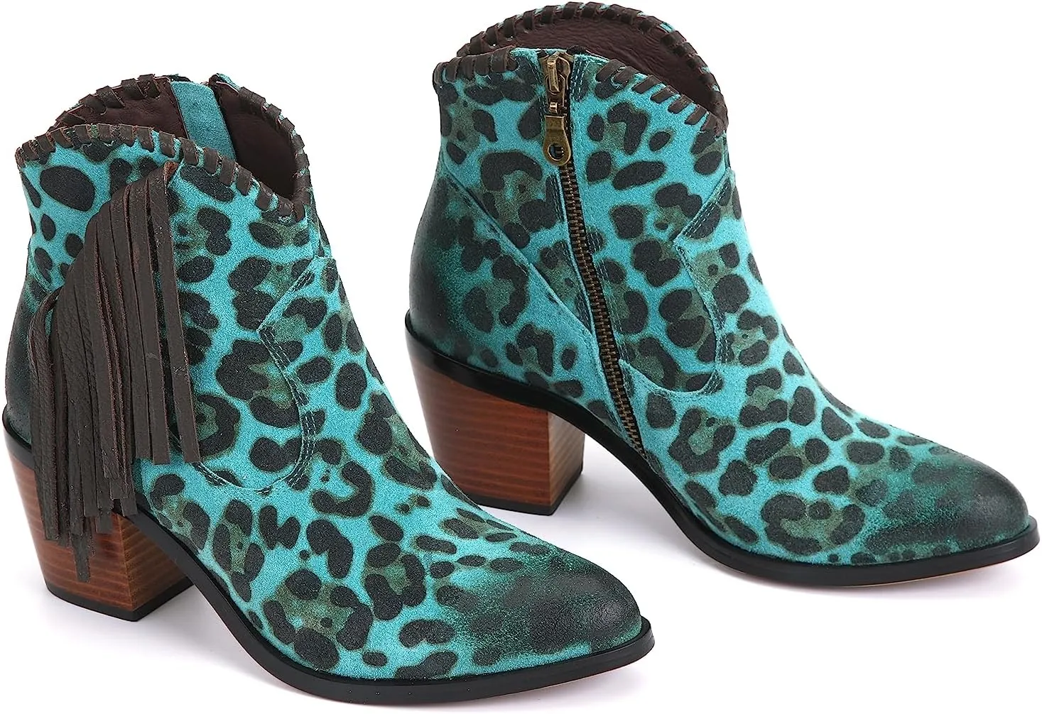 M CNBOME Women's Tassels Cattle Leather Leopard Prints Western Cowgirl Short Boot