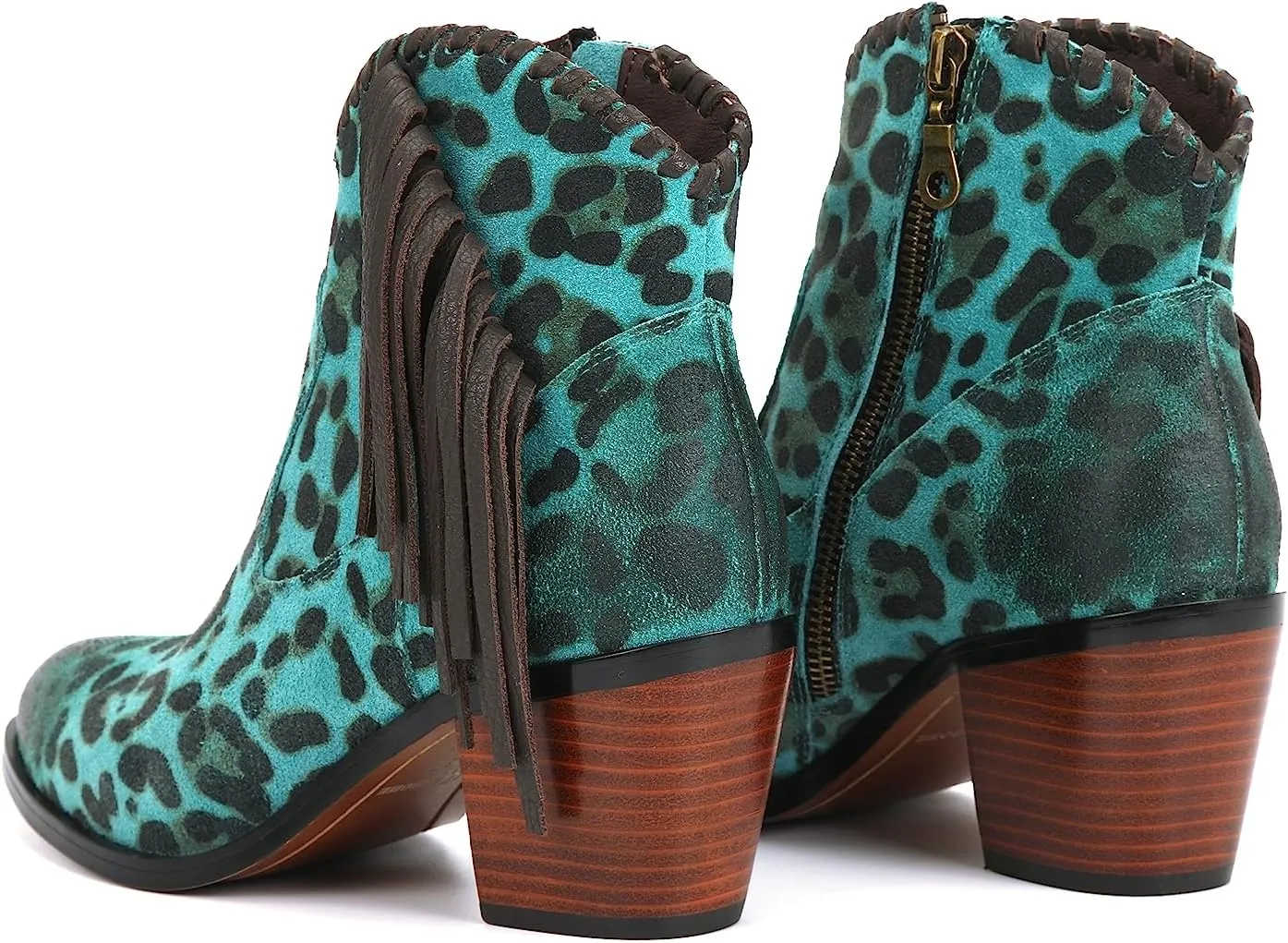 M CNBOME Women's Tassels Cattle Leather Leopard Prints Western Cowgirl Short Boot