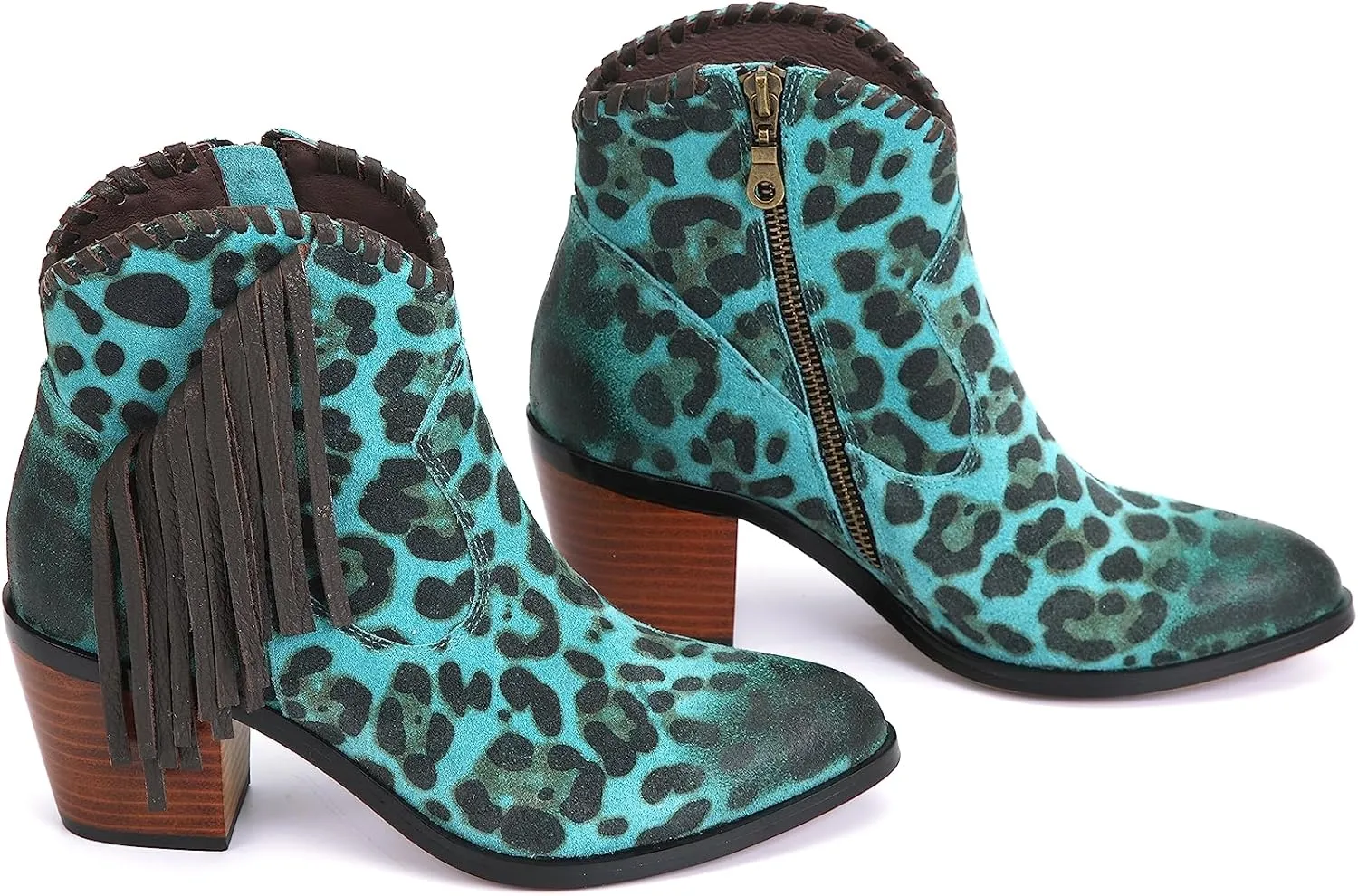 M CNBOME Women's Tassels Cattle Leather Leopard Prints Western Cowgirl Short Boot