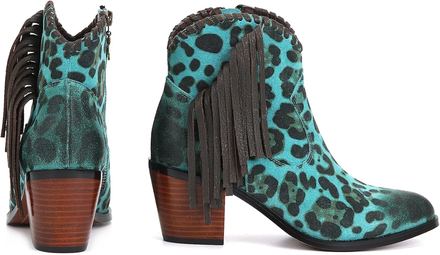 M CNBOME Women's Tassels Cattle Leather Leopard Prints Western Cowgirl Short Boot