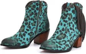 M CNBOME Women's Tassels Cattle Leather Leopard Prints Western Cowgirl Short Boot
