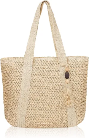 MABROUC Large Straw Beach Bag for women, Straw Tote Bag with Tassels, Woven Summer Handbag Shoulder Bag for Outdoor Vacation