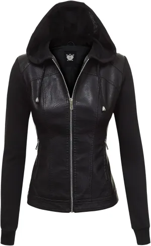 Made By Johnny Faux Leather Jacket Women Motorcycle Coat for Biker with Removable Hood