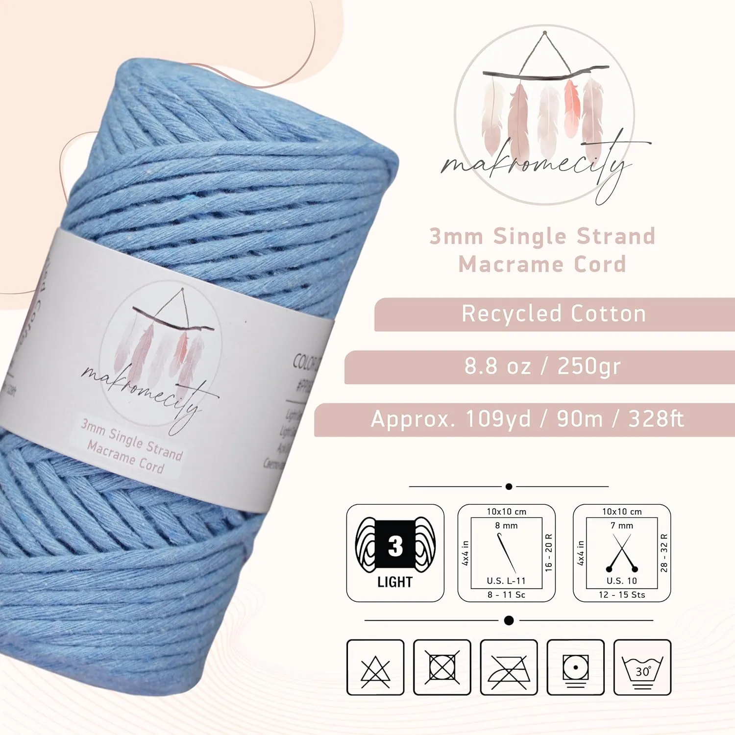 Makromecity, Single Strand Macrame Cord 3 mm x 100 Yards (300 feet) 3mm Single Strand Baby Blue Cotton Cord for Macrame Art & Crafts for Wall Hangings Recycled Cotton Cord Yarn DIY(Baby Blue, 1 Skein)