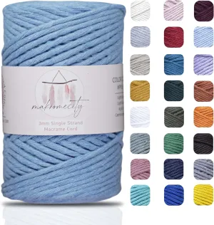Makromecity, Single Strand Macrame Cord 3 mm x 100 Yards (300 feet) 3mm Single Strand Baby Blue Cotton Cord for Macrame Art & Crafts for Wall Hangings Recycled Cotton Cord Yarn DIY(Baby Blue, 1 Skein)