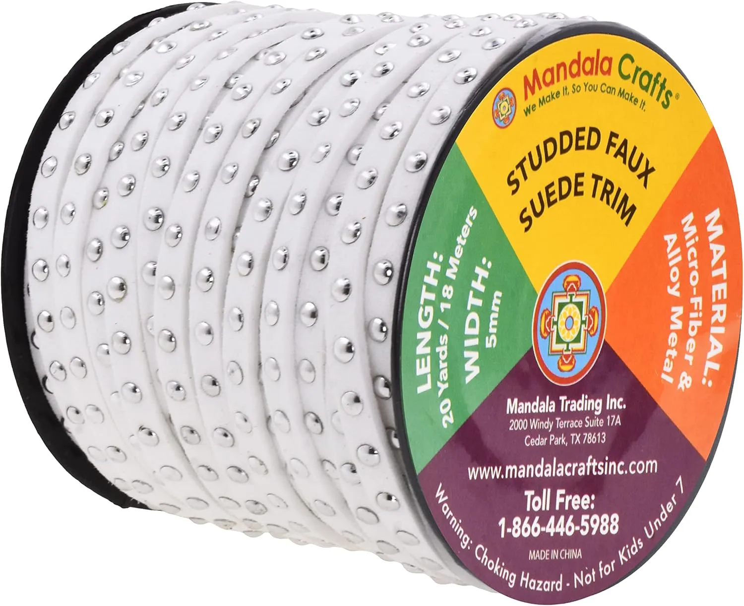 Mandala Crafts 20 Yards White Studded Faux Suede Cords Leather Trims - Flat Vegan Leather Lace Strips String with Silver Rivets for Jewelry Making, Crafts, Bracelets, and Decorations