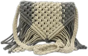 Maresse Bohemian Macrame Sling Bag - Handcrafted Grey & Cream Boho Purse with Fringe - Chic Eco-Friendly Shoulder Bag - Handmade Knitting & Weaving Boho Bag for Women, Grey, M