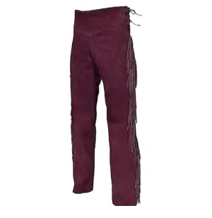 Maroon Suede Leather Fringe Pants For Men Western Pant MFP1104