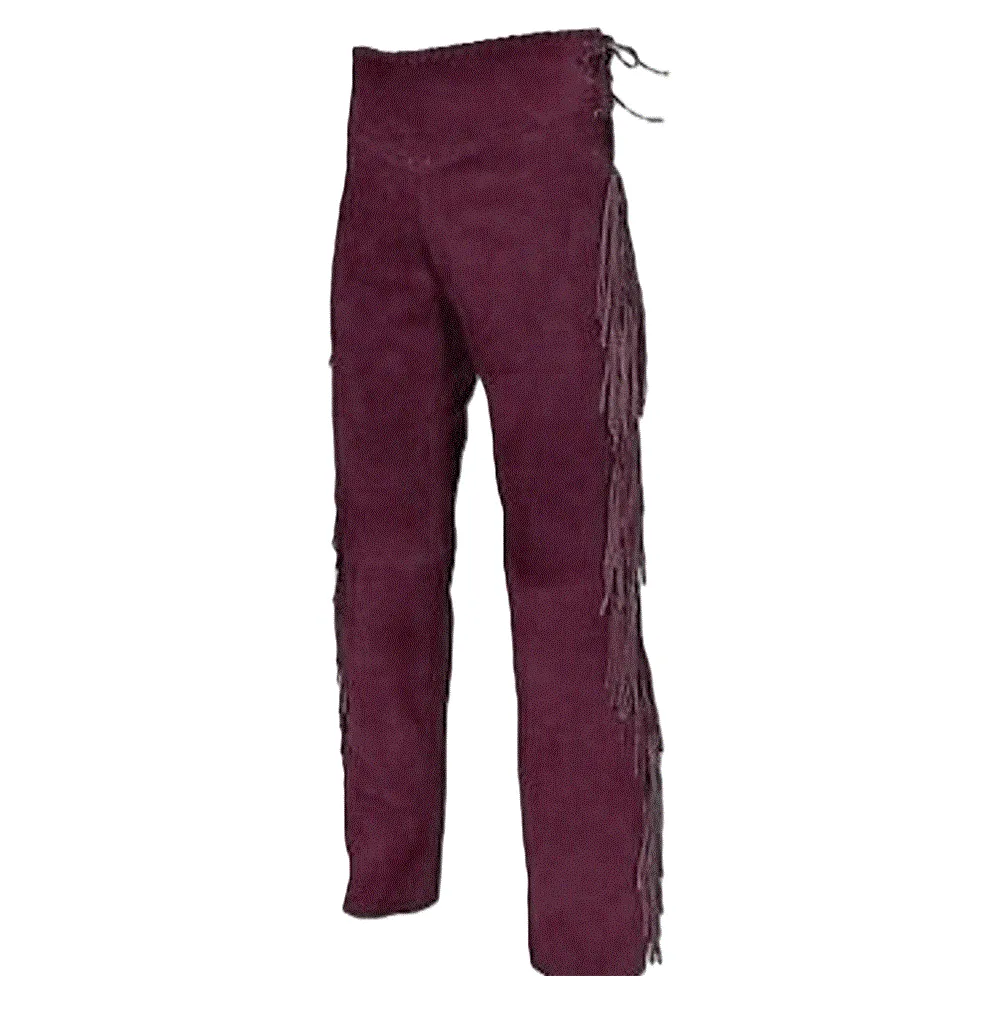 Maroon Suede Leather Fringe Pants For Men Western Pant MFP1104