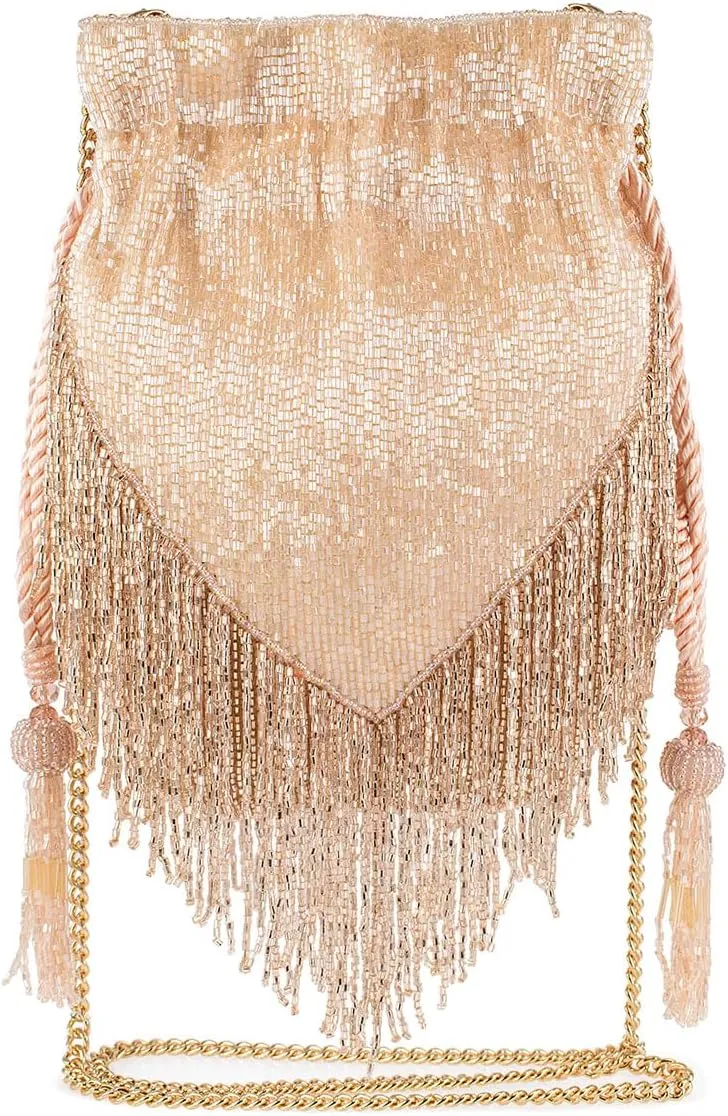 Mary Frances Boho Chic Beaded Drawstring Handbag with Fringe and Tassel Champagne Statement Evening Purse with Removable Strap, Pink