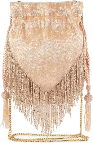 Mary Frances Boho Chic Beaded Drawstring Handbag with Fringe and Tassel Champagne Statement Evening Purse with Removable Strap, Pink